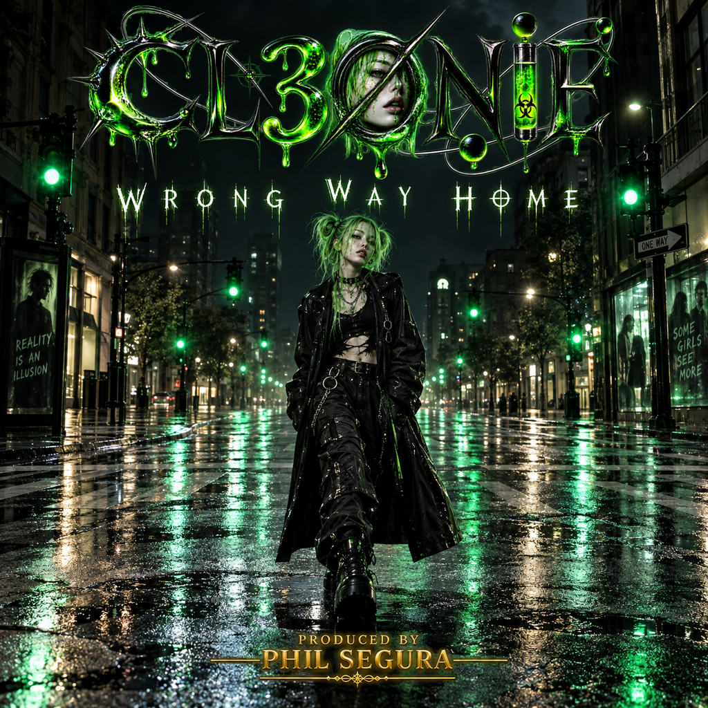 CL3ØNIE – Wrong Way Home, alternative electro-pop artist in an acid green nocturnal city